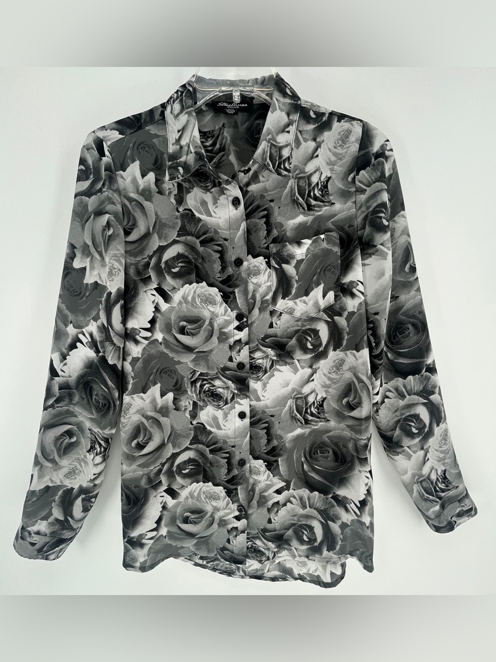 Monochrome Rose Floral Print Sheer Button Up Shirt Medium M Goth Whimsigoth Y2K